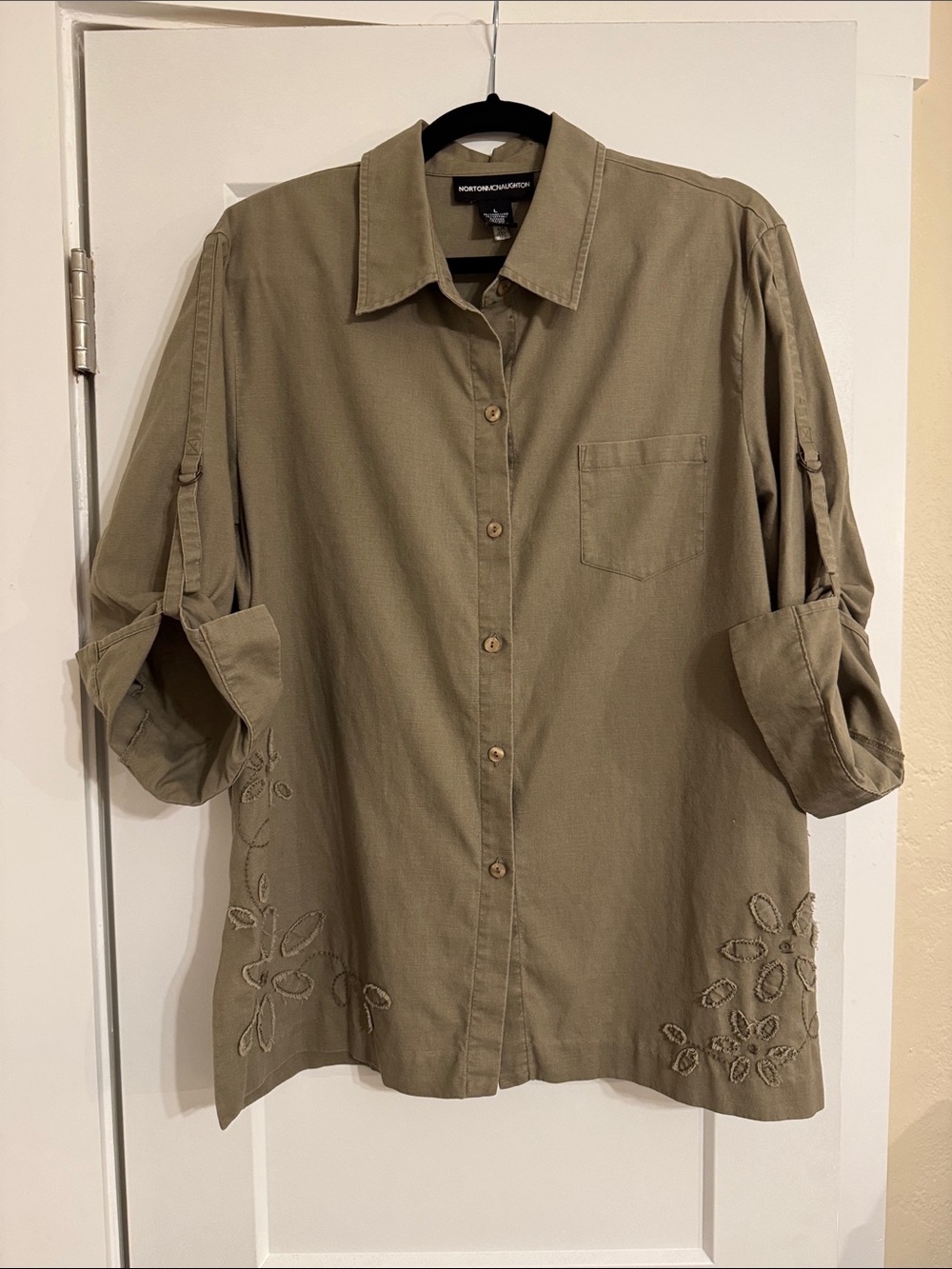 Norton McNaughton Olive Green‎ Button Down Shirt Roll Tab Sleeve Linen Cotton